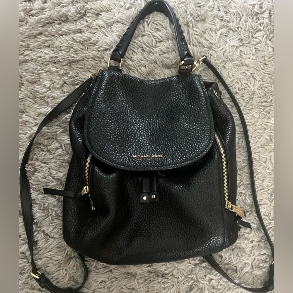 Michael Kors Viv Large Black Pebbled Leather Backpack with Gold Accents